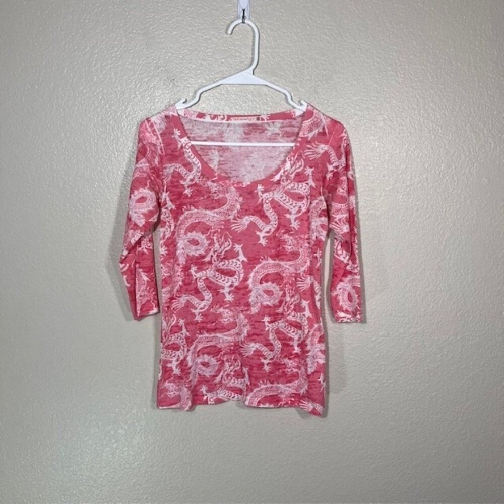 Before and Again Top Womens XS Shirt 3/4 Sleeve Burnout Pink Dragon Print